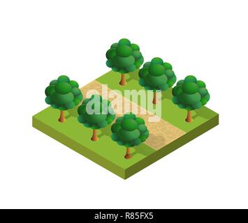 Natürliche ökologische Landschaft isometrische Symbol. Stadt natürlichen ökologischen Zeichen der Stadt Infrastruktur Bäume, Rasen, Garten Wege und Bänke Stock Vektor