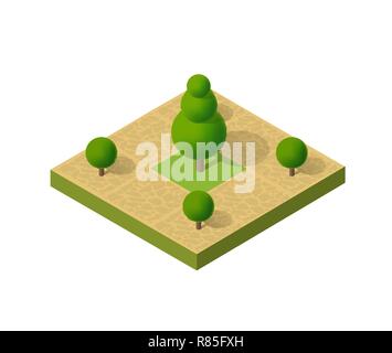 Natürliche ökologische Landschaft isometrische Symbol. Stadt natürlichen ökologischen Zeichen der Stadt Infrastruktur Bäume, Rasen, Garten Wege und Bänke Stock Vektor