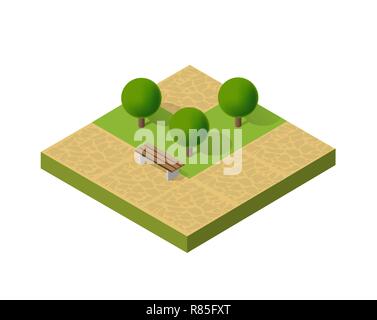 Natürliche ökologische Landschaft isometrische Symbol. Stadt natürlichen ökologischen Zeichen der Stadt Infrastruktur Bäume, Rasen, Garten Wege und Bänke Stock Vektor
