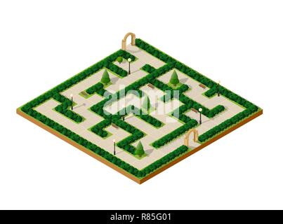 Isometrische Urban Entertainment Vergnügungspark Labyrinth Garten mit Pfaden und Rasenflächen und Bäumen. Stadt natürlichen ökologischen Landschaften Stock Vektor