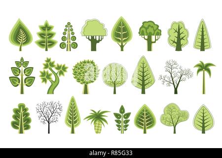 Eine Reihe von flachen Silhouetten von Bäumen aus verschiedenen natürlichen Arten und Unterarten, die für das Design, die konzeptuellen Präsentationen und Visitenkarten, Ökologie, Botanik sitzen Stock Vektor