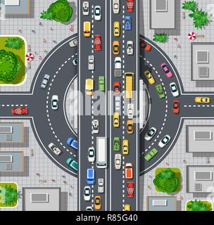 Blick von oben auf die Stadt. Kreuzung der städtischen Straßen mit Verkehr Automobil- und eine Menge Autos mit Stau Staus Stock Vektor