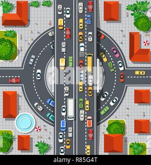 Blick von oben auf die Stadt. Kreuzung der städtischen Straßen mit Verkehr Automobil- und eine Menge Autos mit Stau Staus Stock Vektor