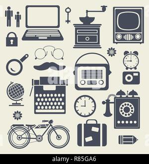 Satz von Vintage Silhouetten der Hipster Objekte retro homewares Stock Vektor