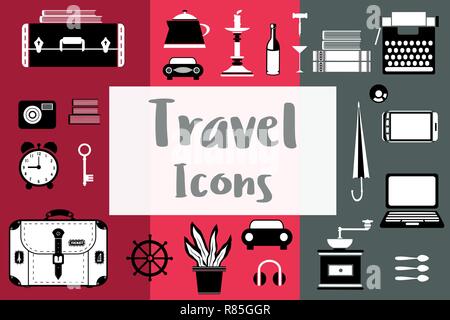 Satz flacher Reisen Symbole in einer flachen Stil mit einem Koffer, Kaffeemühle, Leuchter, Laptop Stock Vektor