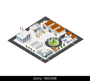 Isometrische industrielle Landschaft der Anlage Ansicht von oben mit Straßen, Häuser, Lagerhallen, Hallen Stock Vektor