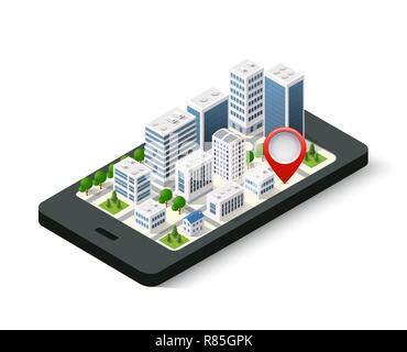 Isometrische 3D-Navigation anmelden und Pin Symbol auf Handy Stadt urban Karte mit Position und Richtung Stock Vektor
