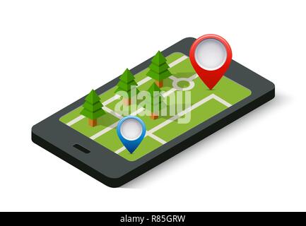 Isometrische 3D-Navigation anmelden und Pin Symbol auf Handy Stadt urban Karte mit Position und Richtung Stock Vektor