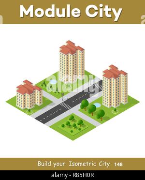 Isometrische 3D-Landschaft Draufsicht Gebäude der modernen Stadt Architektur der Bereich Städtebau. Zeichnung Map Engineering Design Stock Vektor