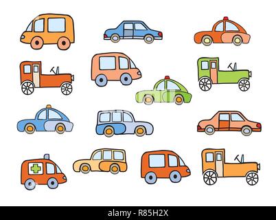 Satz von Spielzeug Skizzen von Auto Bilder in kindlichen Stil Stock Vektor