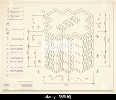 Blueprint isometrische Plan eines Wohnhauses. Zeichnung der niederschreiben Skizze des Aufbaus und der industriellen Skelett der Struktur wit Stock Vektor