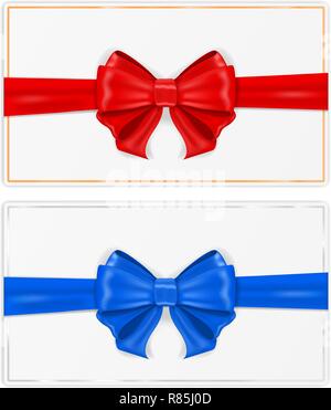 Grußkarten mit Band umwickelt. Mit roten und blauen Seide Bögen Stock Vektor
