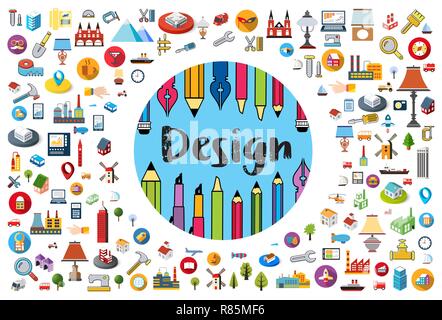 Logo der Designer und Künstler Pinsel, Stift, Bleistift auf einem runden Hintergrund Stock Vektor