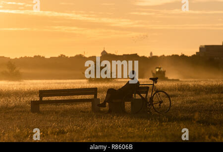 Berlin, Deutschland. 13 Aug, 2018. Ein Mann genießt die Morgen Atmosphäre im Licht der aufgehenden Sonne auf dem Tempelhofer Feld. Credit: Paul Zinken/dpa | Verwendung weltweit/dpa/Alamy leben Nachrichten Stockfoto