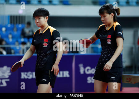 Inchon, Südkorea. 13 Dez, 2018. Chen Xingtong & Sonne Yingsha (CHN) Tischtennis: Seamaster 2018 ITTF World Tour Grand Finale Frauen verdoppelt Viertelfinale an Namdong Gymnasium in Inchon, Südkorea. Credit: Naoki Morita/LBA SPORT/Alamy leben Nachrichten Stockfoto