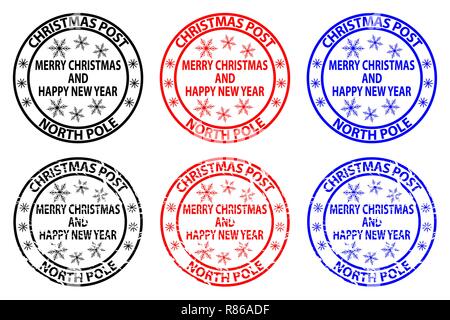 Frohe Weihnachten und guten Rutsch ins neue Jahr, Weihnachten Post - Nordpol - Stempel - Aufkleber - Vektor - Schwarz, Rot, Blau, Stock Vektor