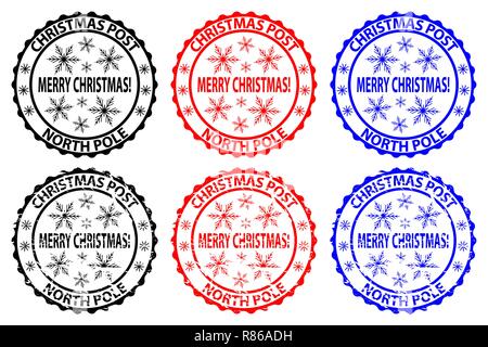 Frohe Weihnachten, Weihnachten Post - Nordpol - Stempel - Aufkleber - Vektor - Schwarz, Rot, Blau, Stock Vektor