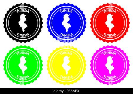 Tunesien - Stempel - Vektor, der Tunesischen Republik Karte Muster - Aufkleber - Schwarz, Blau, Grün, Gelb, Lila und Rot Stock Vektor