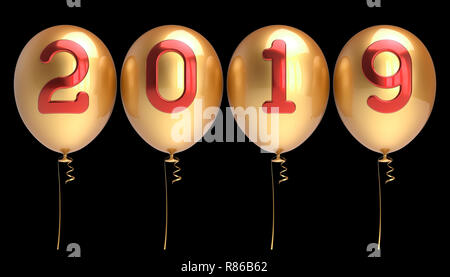 Tag des Neuen Jahres 2019 party Ballons vier Zeile golden rote Zahlen. Frohes Neues Jahr banner Dekoration. 3D-Rendering, isoliert auf Schwarz Stockfoto