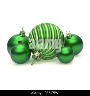 Weihnachten Kugeln grün stilvoller Dekoration. Frohes Neues Jahr Verzierung hängenden traditionellen Dekor, Winter ornament Komposition modern. 3d-illustra Stockfoto