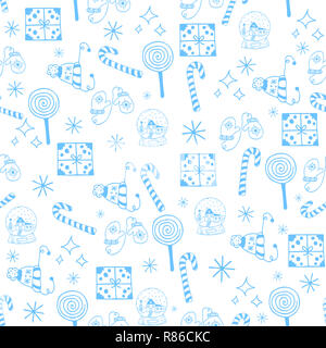 Nahtlose Weihnachten Muster blau Objekte auf weißem Hintergrund. Stockfoto