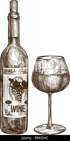 Flasche Wein und Glas. Alkoholisches Getränk. Vintage Skizze Vektor Stock Vektor