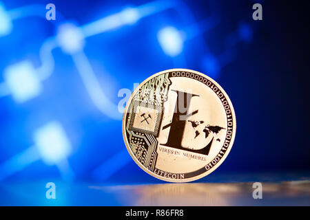 Litecoin auf blauem Hintergrund cryptocurrency Konzept Stockfoto