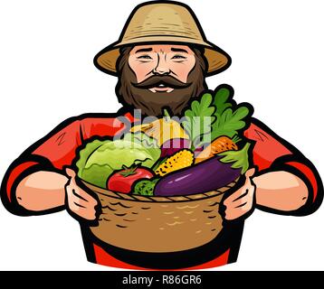 Bauer Holding einen Weidenkorb voll mit frischem Gemüse. Vector Illustration Stock Vektor