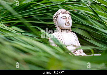 Kleine weiße Buddha Statue in einer Meditation auf lange grüne Gras Hintergrund darstellen. Religiöses Symbol des Buddhismus Stockfoto