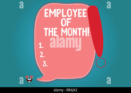 Text Zeichen zeigen Mitarbeiter des Monats. Konzeptionelle foto Preis Anerkennung Belohnung für harte gut Ausgezeichnet Job leer Farbe Sprechblase aufgeführt sind Stockfoto