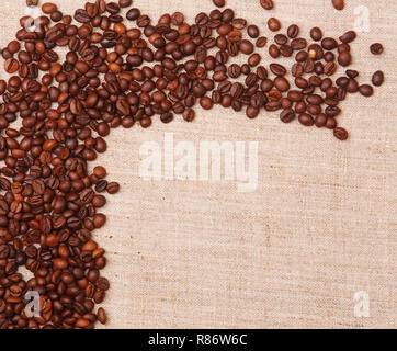 Hintergrund mit Textur von Sackleinen, Kaffeebohnen Stockfoto