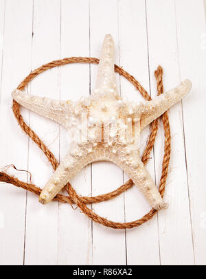 Auf einem weißen Hintergrund Holztisch Starfish Stockfoto