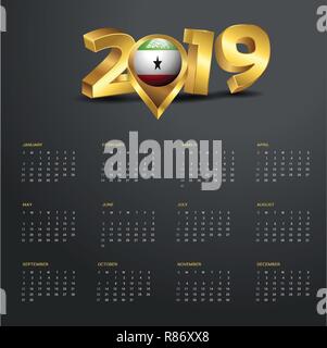 2019 Vorlage Kalender. Somaliland Land Karte Golden Typografie Header Stock Vektor