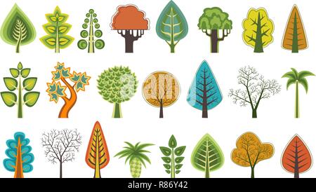 Eine Reihe von flachen Silhouetten von Bäumen aus verschiedenen natürlichen Arten und Unterarten, die für das Design, die konzeptuellen Präsentationen und Visitenkarten, Ökologie, Botanik sitzen Stock Vektor