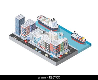 Stadt Boulevard mit einem Hafen mit Schiff und Marineschiffe nautische Transport auf dem Meer für Reisen urlaub tourismus Abbildung. Isometrische Satz von t Stock Vektor