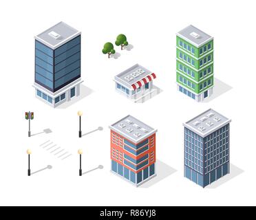 Moderne isometrische Gebäude und Anlagen für Websites und Spiele Stock Vektor