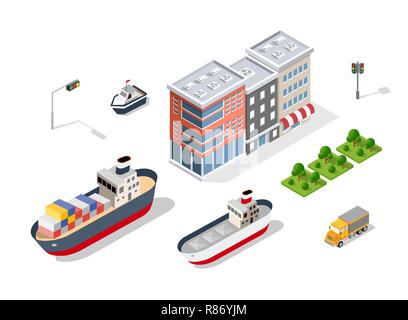 Moderne isometrische Gebäude und Cafe, Schiff, Shop, Pflanzen für Websites und Spiele Stock Vektor