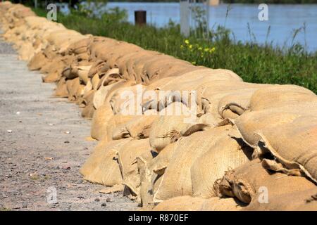 Sandsäcke an den Ufern der Elbe während der Flut in Magdeburg. Stockfoto