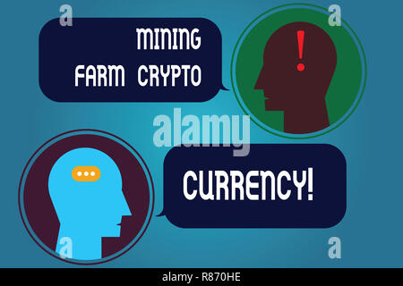 Schreiben Hinweis Übersicht Bergbau Farm Crypto Währung. Business foto Präsentation Block Kette Handel digitale Geld Business Messenger Zimmer mit Chat Köpfe Stockfoto