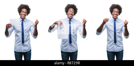 Collage von African American Young Business Mann, leeres Papier Karte über isolierte Hintergrund schreien stolz und feiern Sieg und Erfolg v Stockfoto