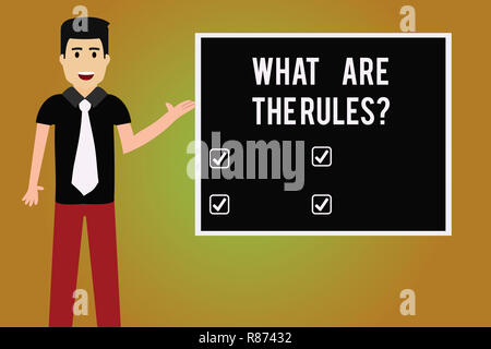 Schreiben Hinweis zeigen, was sind die Rulesquestion. Business Foto zur Schau stellen die Verordnungen vor dem Start alles Mann mit Krawatte sprechen Presen Stockfoto