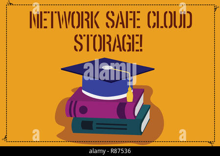 Wort schreiben Text Netzwerk sichere Cloud Storage. Business Konzept für Sicherheit auf neuen Online Storage Technologies Farbverlauf Mütze mit Quaste 3D-Aca Stockfoto