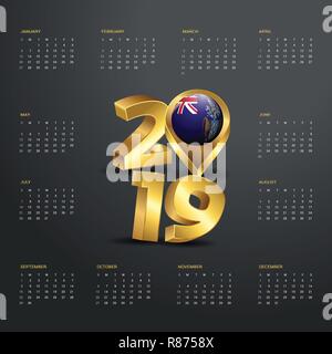 2019 Vorlage Kalender. Golden Typografie mit Tristan da Cunha Land Karte Golden Typografie Header Stock Vektor