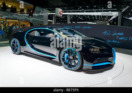 FRANKFURT - SEP 2017: Bugatti Chiron 0-400-0 auf der IAA Frankfurt Motor Show. Supercar Sollbeschleunigung Weltrekord erreichen 400 km/h in 42 Sekunden. Stockfoto