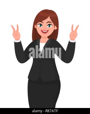 Erfolgreiche happy Geschäftsfrau anzeigen/Gestik V oder Sieg unterzeichnen. Geschäftsfrau mit zwei Fingern. Geschäftsfrau Konzept Abbildung im Vektor Stock Vektor