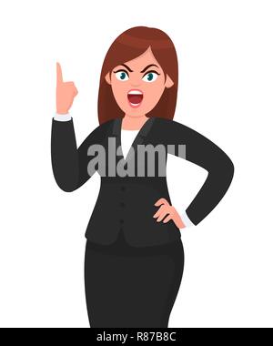 Wütende Geschäftsfrau schreiend oder schreiend mit erhobenem Zeigefinger. Menschliche Emotion und Körpersprache Konzept Illustration in Cartoon Stock Vektor