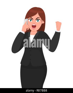Wütende Geschäftsfrau spricht auf Smartphone und schreit oder schreit und hebt die Faust Geste. Technologie-, Telefon- und Menschenemotionskonzept. Stock Vektor