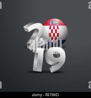 2019 Grau Typografie mit Kroatien Flagge. Frohes Neues Jahr Schriftzug Stock Vektor