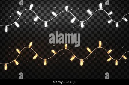 Weihnachtsbeleuchtung isoliert realistisch auf transparentem Hintergrund. Glühende Designelemente. Xmas leuchtende Glühlampen. Girlanden, Weihnachtsschmuck. Stock Vektor