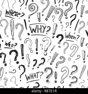 Frage Ausrufezeichen nahtlose Muster.. Doodle Stil. Sammlung von Symbolen und Zeichen, warum. Graviert hand gezeichnete Skizze. Abstract vector. Stock Vektor